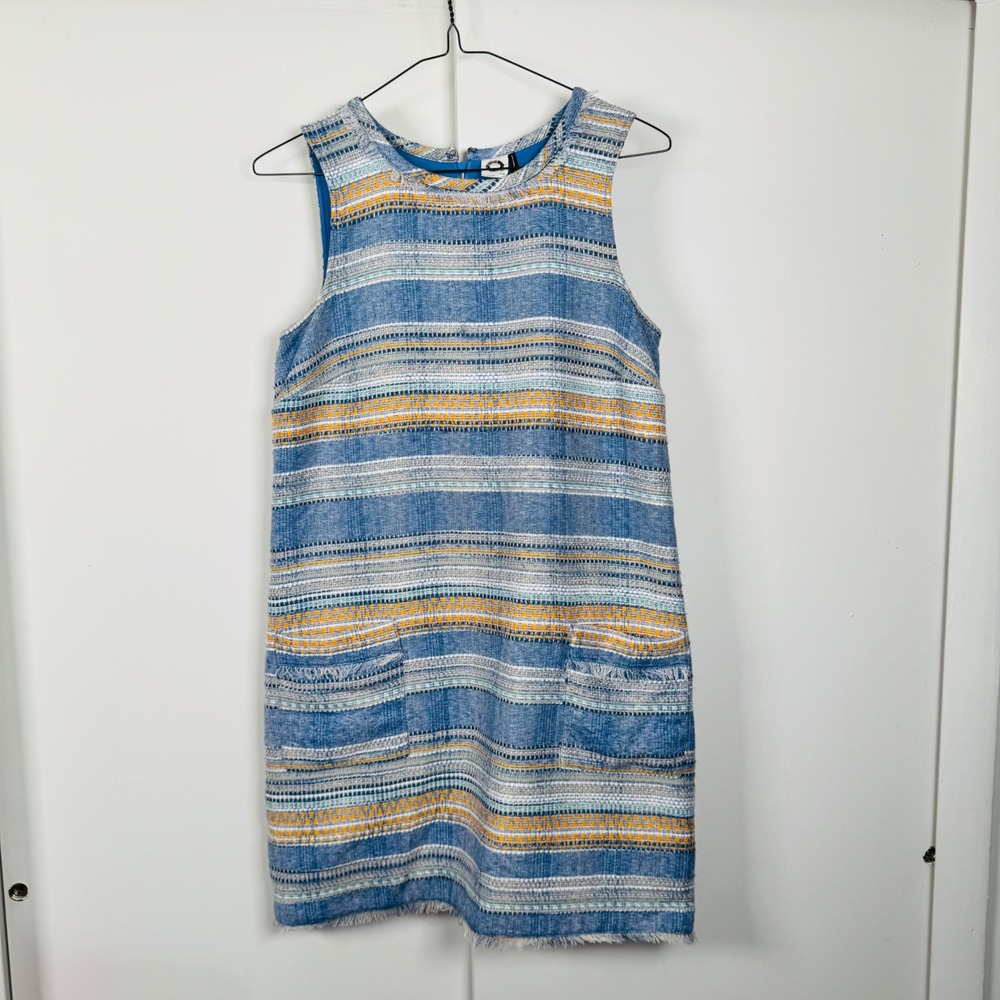 Akemi + Kin Blue Striped Tweed Shift Dress Sleeveless Fringed Pockets Size 8